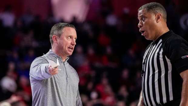Feb 28, 2023; Athens, Georgia, USA; Georgia Bulldogs head coach Mike White reacts to an official during the game against the Florida Gators during the first half at Stegeman Coliseum. Mandatory Credit: Dale Zanine-USA TODAY Sports  